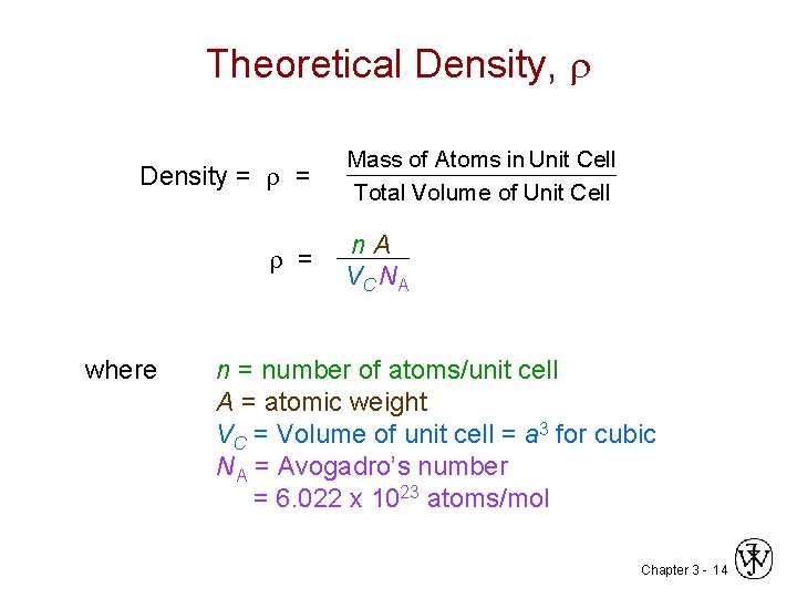Theoretical Density, Density = = = Mass of Atoms in Unit Cell Total Volume