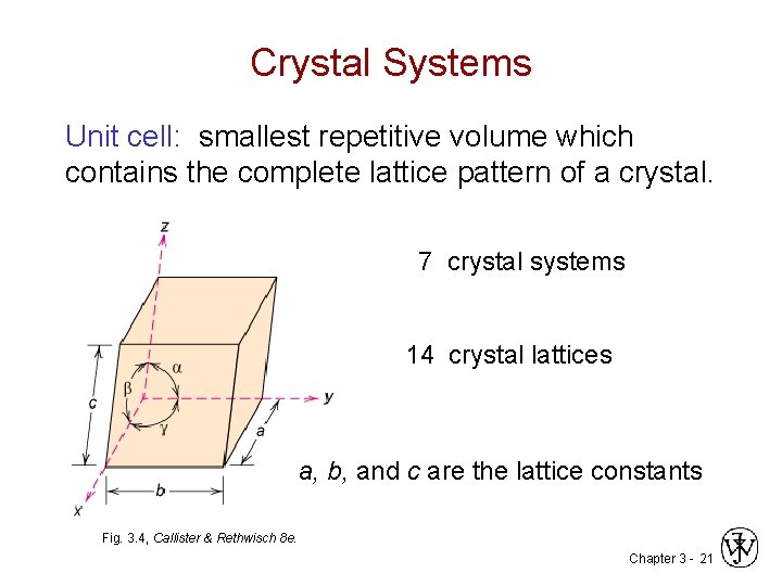 Crystal Systems Unit cell: smallest repetitive volume which contains the complete lattice pattern of