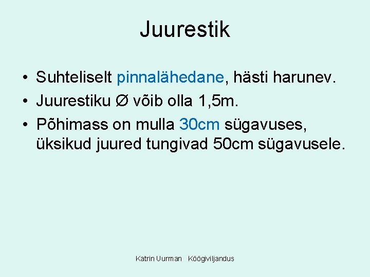 Juurestik • Suhteliselt pinnalähedane, hästi harunev. • Juurestiku Ø võib olla 1, 5 m.