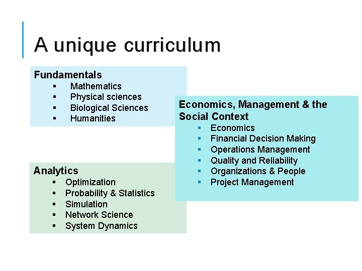 A unique curriculum Fundamentals § § Mathematics Physical sciences Biological Sciences Humanities Analytics §