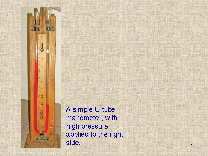 A simple U-tube manometer, with high pressure applied to the right side. 20 