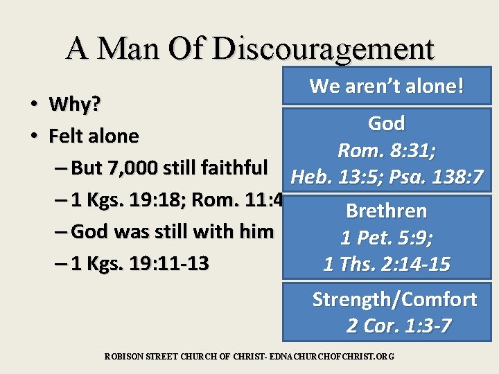 A Man Of Discouragement We aren’t alone! • Why? God • Felt alone Rom.
