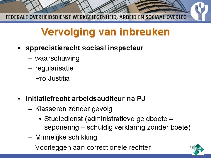 Vervolging van inbreuken • appreciatierecht sociaal inspecteur – waarschuwing – regularisatie – Pro Justitia