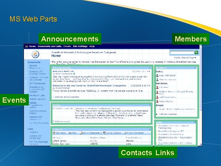 MS Web Parts Announcements Members Events Contacts Links 