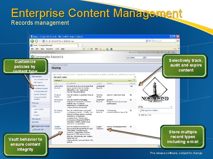 Enterprise Content Management Records management Customize policies by content type Vault behavior to ensure