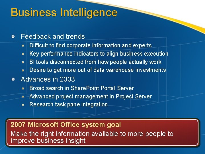 Business Intelligence Feedback and trends Difficult to find corporate information and experts Key performance