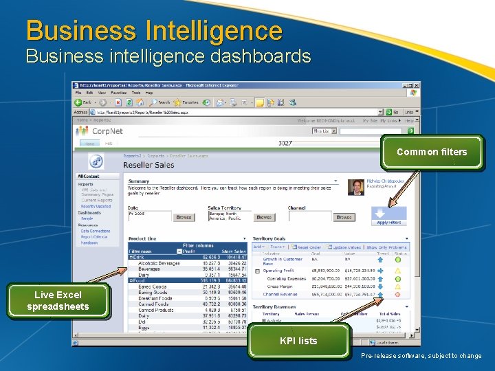 Business Intelligence Business intelligence dashboards Common filters Live Excel spreadsheets KPI lists Pre-release software,