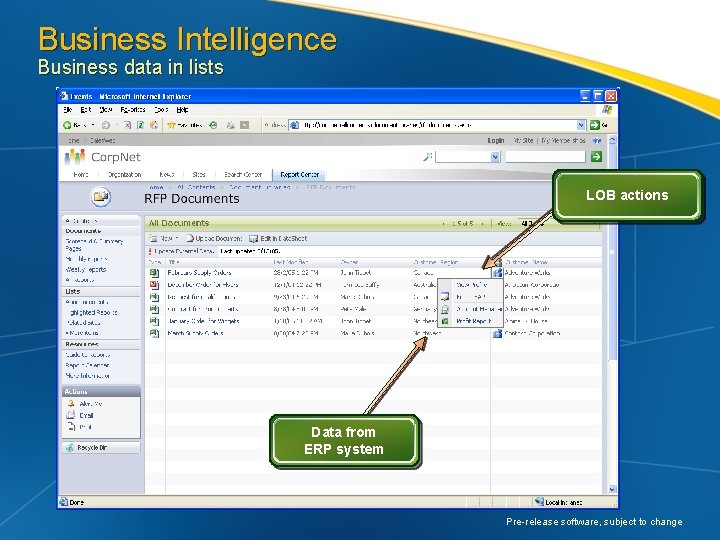 Business Intelligence Business data in lists LOB actions Data from ERP system Pre-release software,