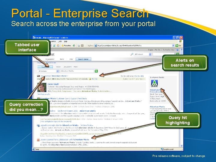 Portal - Enterprise Search across the enterprise from your portal Tabbed user interface Alerts