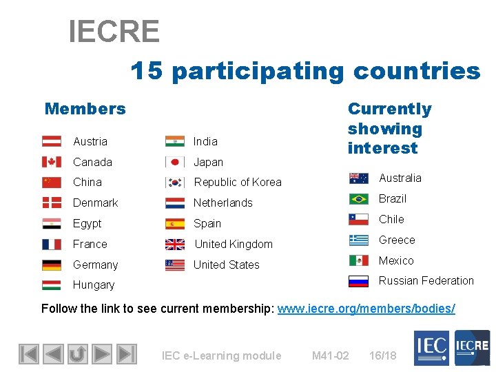 IECRE 15 participating countries Members Currently showing interest Austria India Canada Japan China Republic