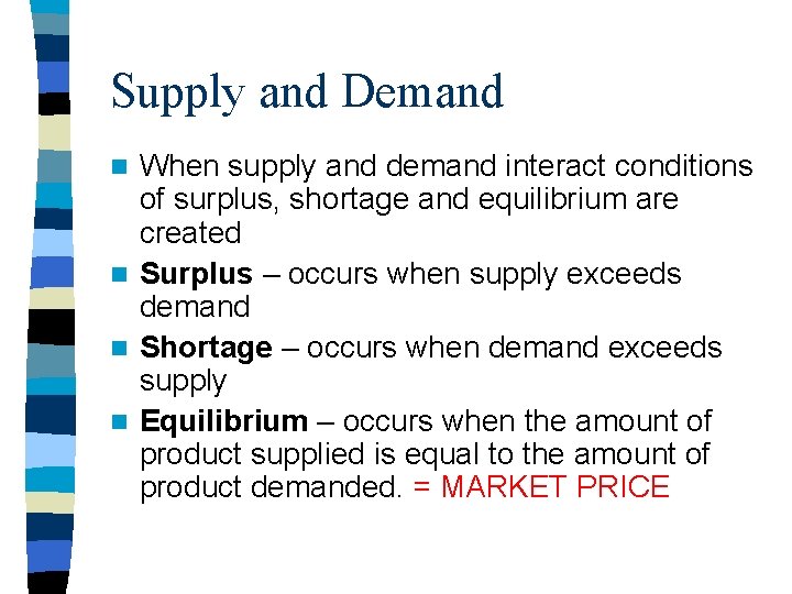 Supply and Demand When supply and demand interact conditions of surplus, shortage and equilibrium