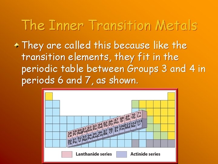 The Inner Transition Metals They are called this because like the transition elements, they