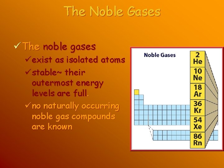 The Noble Gases ü The noble gases üexist as isolated atoms üstable~ their outermost The Noble Gases ü The noble gases üexist as isolated atoms üstable~ their outermost