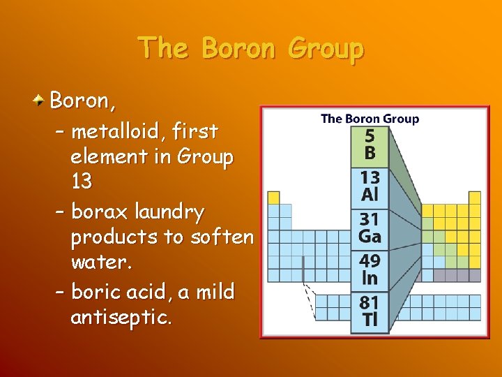 The Boron Group Boron, – metalloid, first element in Group 13 – borax laundry The Boron Group Boron, – metalloid, first element in Group 13 – borax laundry