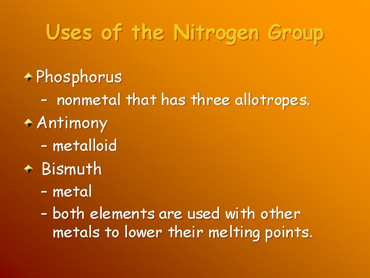 Uses of the Nitrogen Group Phosphorus – nonmetal that has three allotropes. Antimony – Uses of the Nitrogen Group Phosphorus – nonmetal that has three allotropes. Antimony –