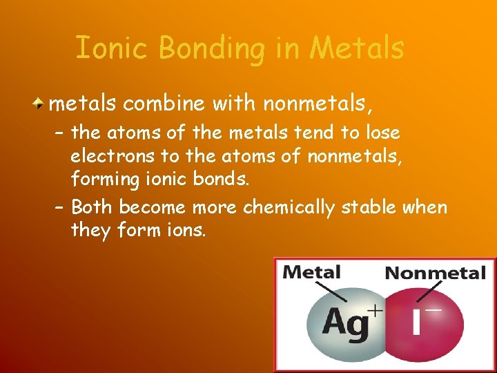 Ionic Bonding in Metals metals combine with nonmetals, – the atoms of the metals Ionic Bonding in Metals metals combine with nonmetals, – the atoms of the metals