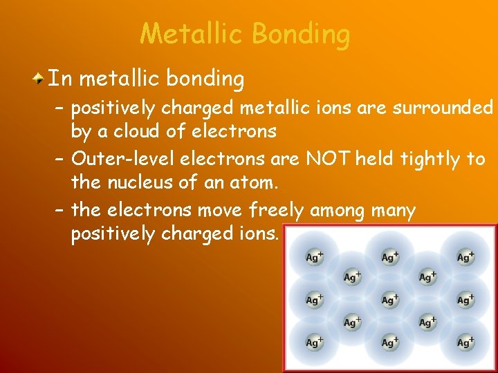 Metallic Bonding In metallic bonding – positively charged metallic ions are surrounded by a Metallic Bonding In metallic bonding – positively charged metallic ions are surrounded by a