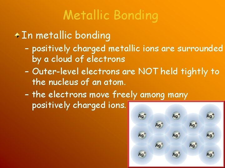 Metallic Bonding In metallic bonding – positively charged metallic ions are surrounded by a