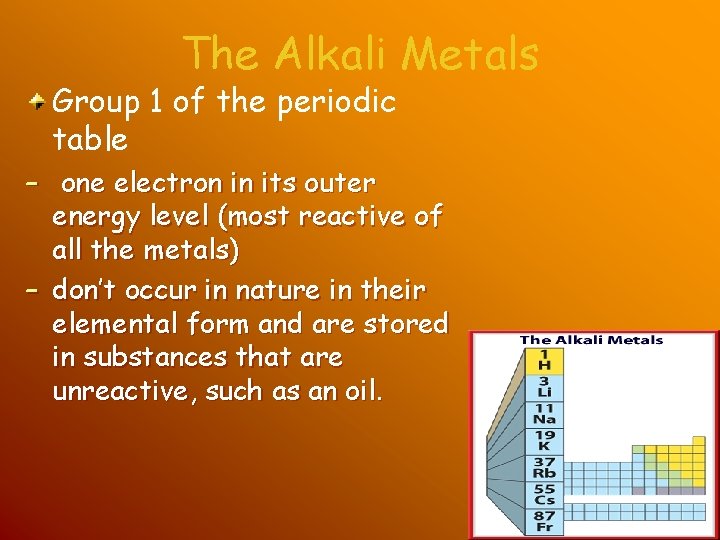 The Alkali Metals Group 1 of the periodic table – one electron in its