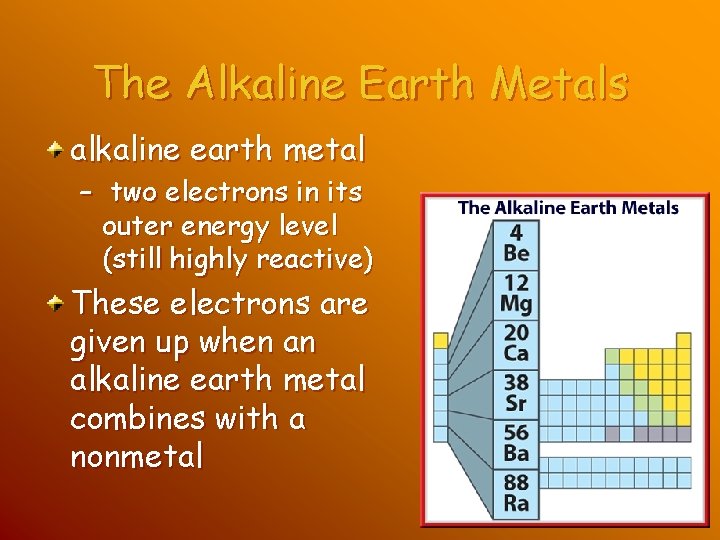 The Alkaline Earth Metals alkaline earth metal – two electrons in its outer energy The Alkaline Earth Metals alkaline earth metal – two electrons in its outer energy