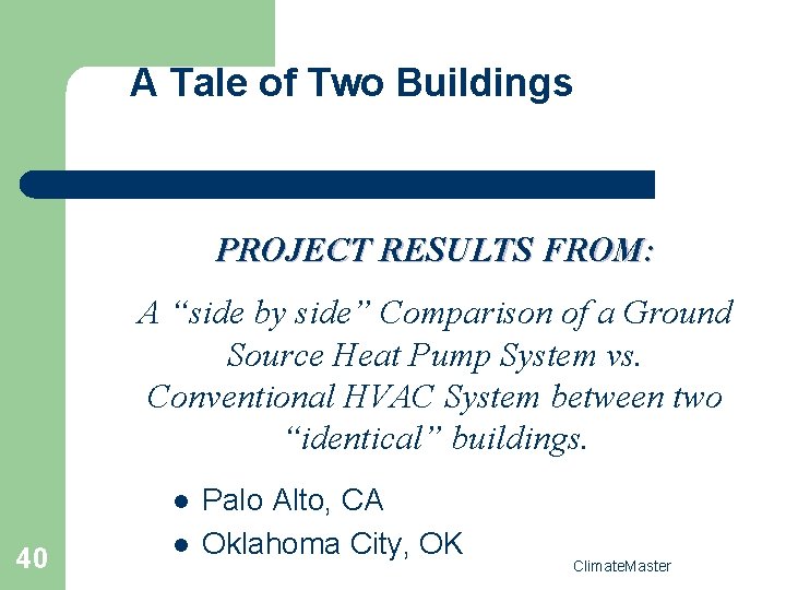 A Tale of Two Buildings PROJECT RESULTS FROM: A “side by side” Comparison of