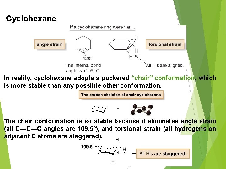 Cyclohexane In reality, cyclohexane adopts a puckered “chair” conformation, which is more stable than