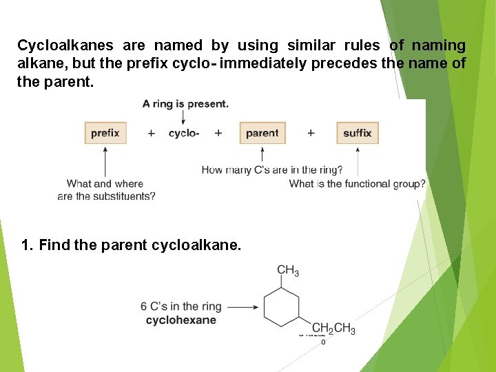 Cycloalkanes are named by using similar rules of naming alkane, but the prefix cyclo-