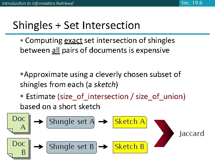 Sec. 19. 6 Introduction to Information Retrieval Shingles + Set Intersection § Computing exact