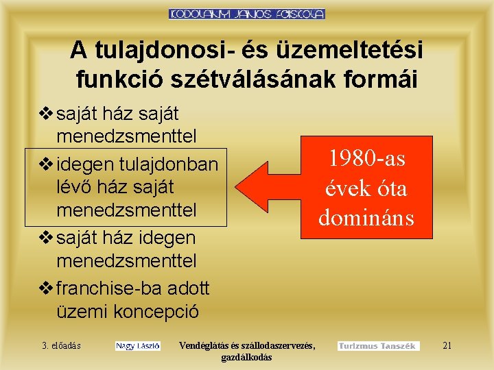 A tulajdonosi- és üzemeltetési funkció szétválásának formái v saját ház saját menedzsmenttel v idegen