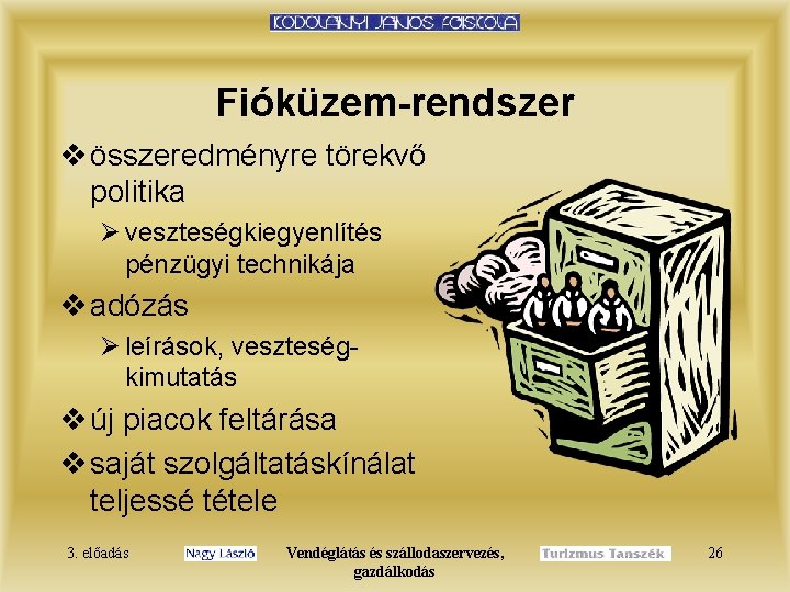 Fióküzem-rendszer v összeredményre törekvő politika Ø veszteségkiegyenlítés pénzügyi technikája v adózás Ø leírások, veszteségkimutatás