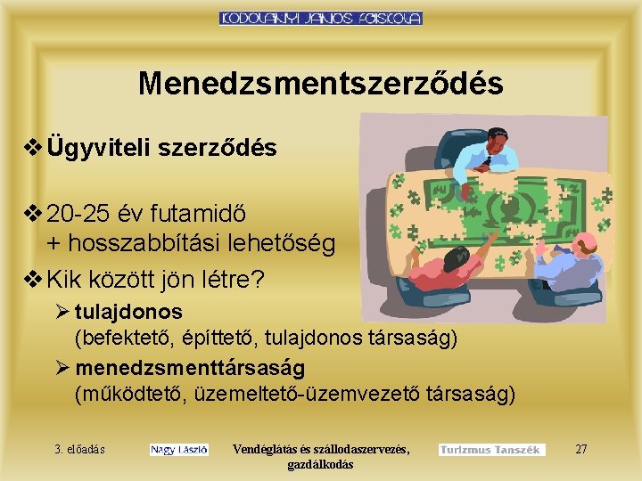 Menedzsmentszerződés v Ügyviteli szerződés v 20 -25 év futamidő + hosszabbítási lehetőség v Kik