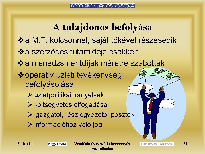 A tulajdonos befolyása v a M. T. kölcsönnel, saját tőkével részesedik v a szerződés