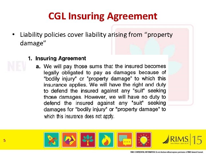 CGL Insuring Agreement • Liability policies cover liability arising from “property damage” 5 