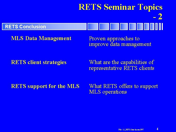 RETS Seminar Topics -2 RETS Conclusion MLS Data Management Proven approaches to improve data