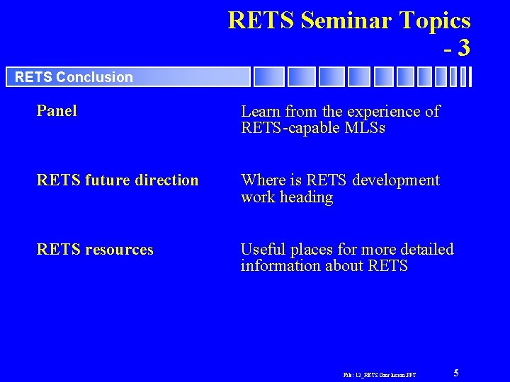 RETS Seminar Topics -3 RETS Conclusion Panel Learn from the experience of RETS-capable MLSs