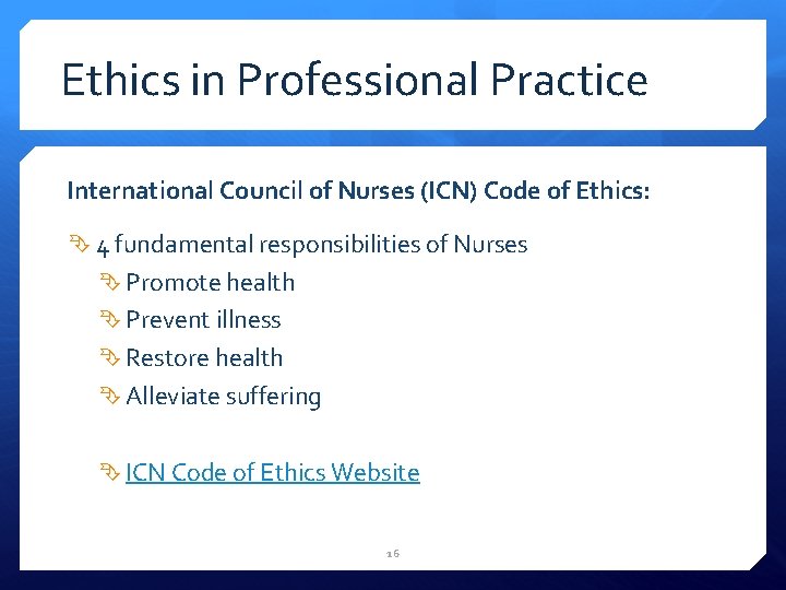 Ethics in Professional Practice International Council of Nurses (ICN) Code of Ethics: 4 fundamental