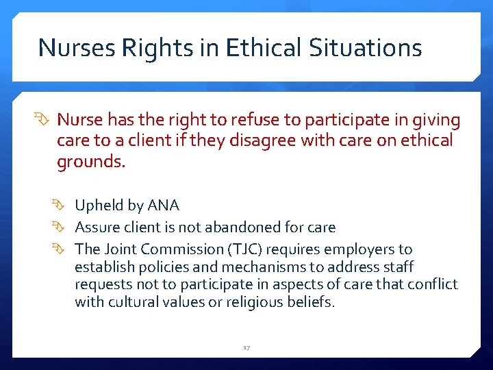 Nurses Rights in Ethical Situations Nurse has the right to refuse to participate in
