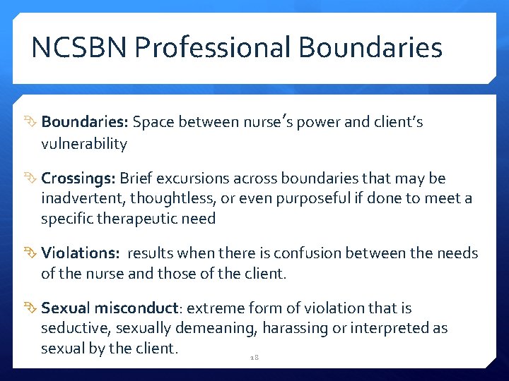 NCSBN Professional Boundaries: Space between nurse’s power and client’s vulnerability Crossings: Brief excursions across