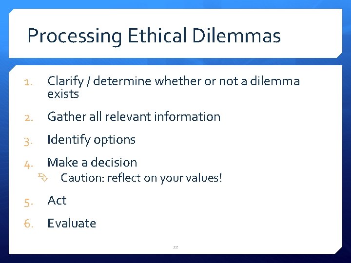 Processing Ethical Dilemmas 1. Clarify / determine whether or not a dilemma exists 2.
