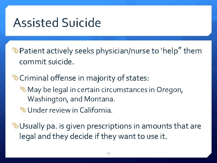 Assisted Suicide Patient actively seeks physician/nurse to ‘help” them commit suicide. Criminal offense in