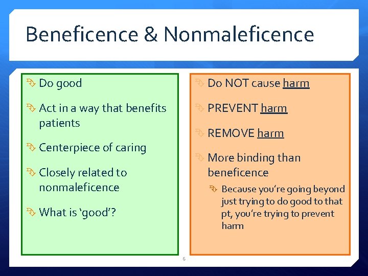 Beneficence & Nonmaleficence Do good Do NOT cause harm Act in a way that