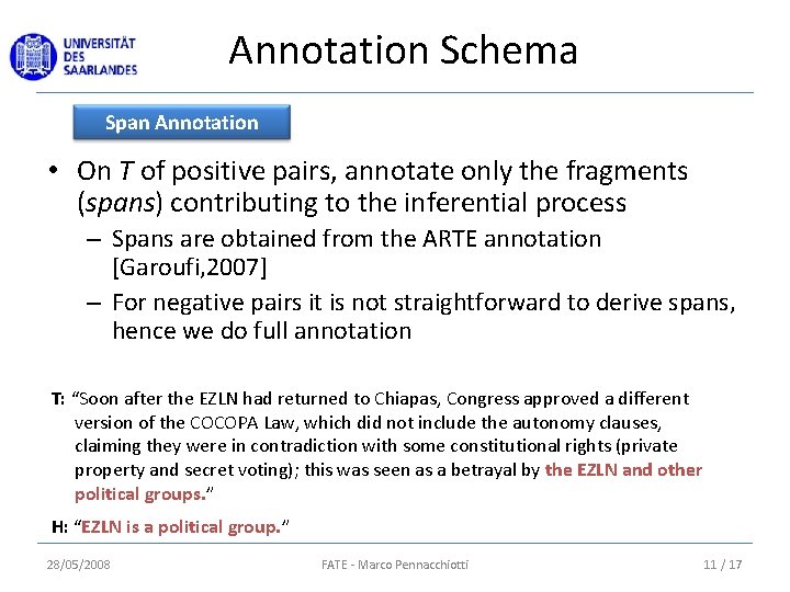Annotation Schema Span Annotation • On T of positive pairs, annotate only the fragments