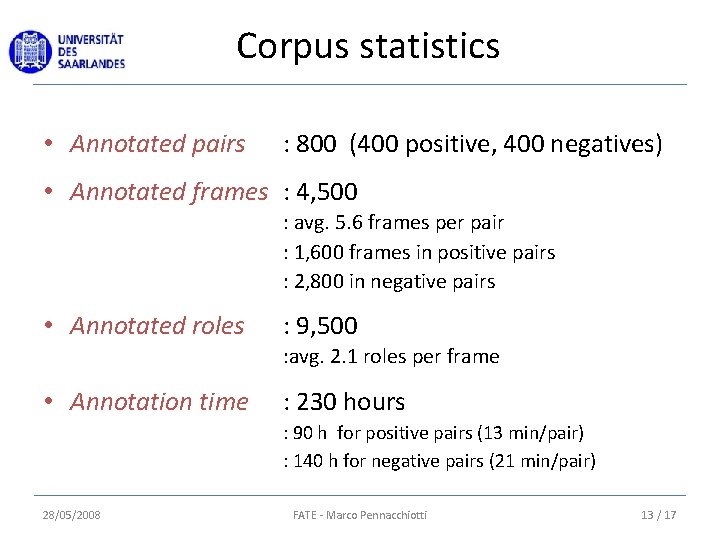 Corpus statistics • Annotated pairs : 800 (400 positive, 400 negatives) • Annotated frames