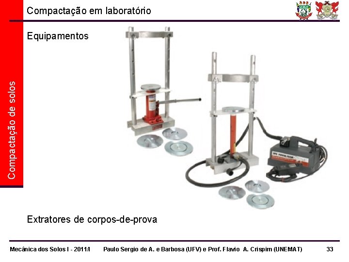 Compactação em laboratório Compactação de solos Equipamentos Extratores de corpos-de-prova Mecânica dos Solos I