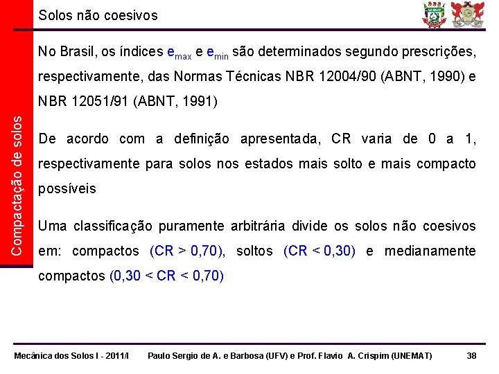 Solos não coesivos No Brasil, os índices emax e emin são determinados segundo prescrições,