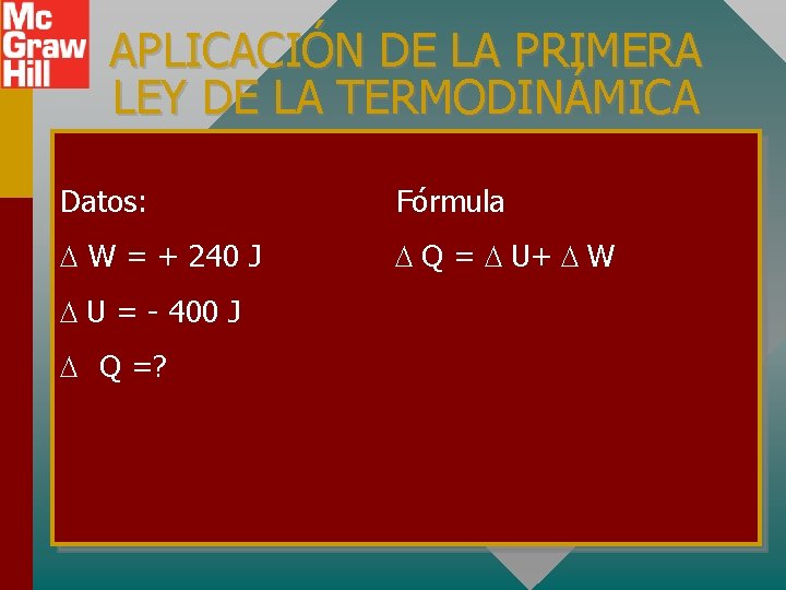 APLICACIÓN DE LA PRIMERA LEY DE LA TERMODINÁMICA Datos: Fórmula W = + 240