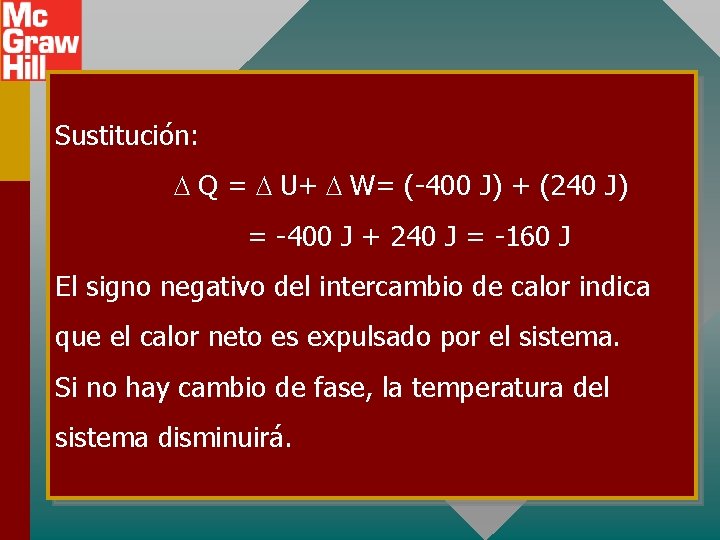 Sustitución: Q = U+ W= (-400 J) + (240 J) = -400 J +