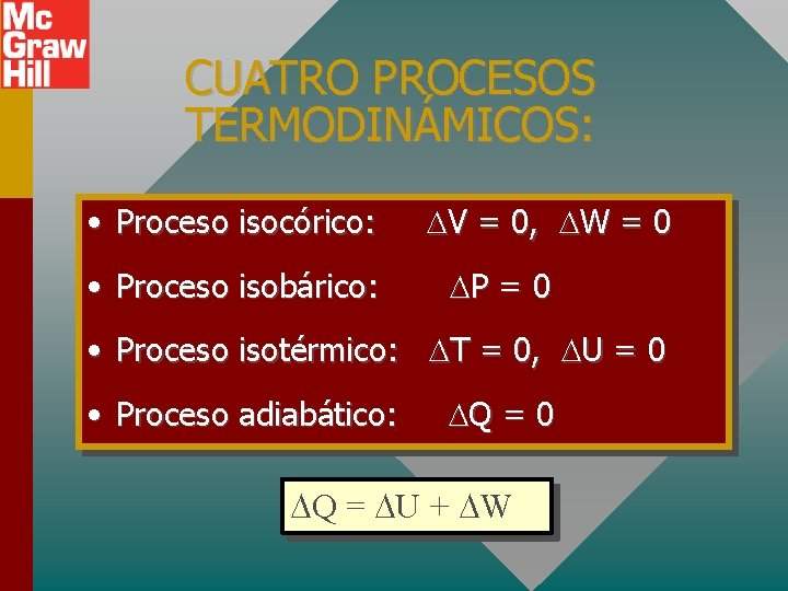 CUATRO PROCESOS TERMODINÁMICOS: • Proceso isocórico: • Proceso isobárico: V = 0, W =