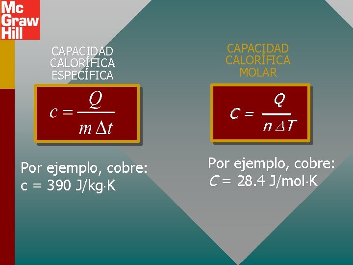 CAPACIDAD CALORÍFICA ESPECÍFICA CAPACIDAD CALORÍFICA MOLAR C= Por ejemplo, cobre: c = 390 J/kg