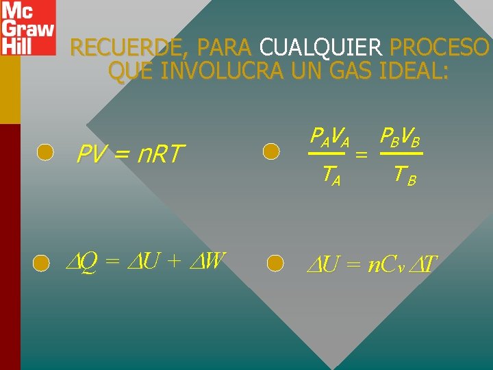 RECUERDE, PARA CUALQUIER PROCESO QUE INVOLUCRA UN GAS IDEAL: PV = n. RT Q